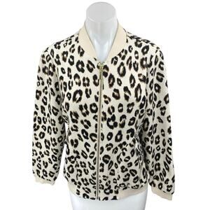 Chico's Cream Black Long Sleeve Knit Leopard Zip Up Cardigan Sweater Top Size 1